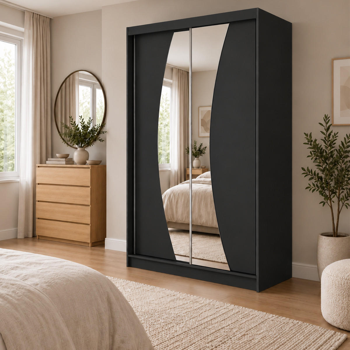 KLEIDERSCHRANK Nox 120 cm Schwarz Spiegel 2 Schubladen Griffe silber - Schwarz, Holzwerkstoff (120/216/61cm) - KS Home Concept