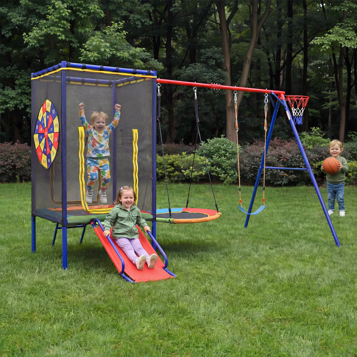 SPIELGERÄT Outdoor Kinder Trampolin Schaukel Rutsche - Multicolor, Metall (336/217cm) - LEBENLANG