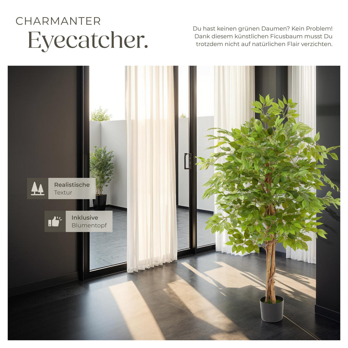 KÜNSTLICHER-FICUSBAUM Fida,stabiler Kunststoff-Blumentopf,grün - Grün, Kunststoff (160cm) - tectake