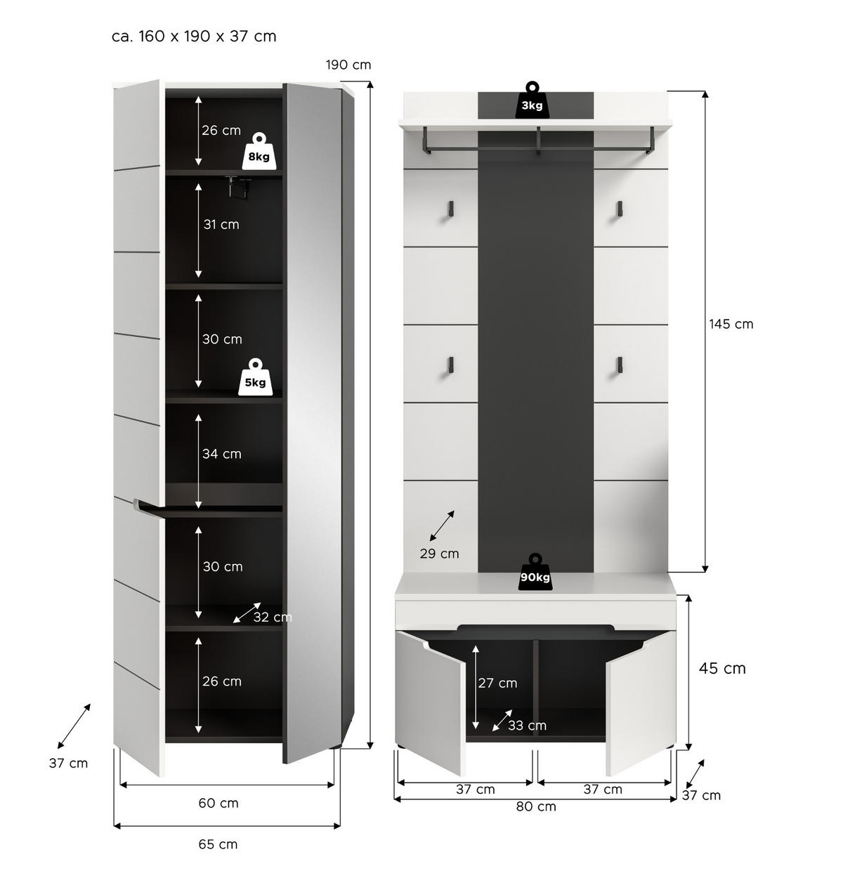 GARDEROBEN-SET 3-teilig in weiß, grau 160 cm, Kombination mit Soft-Close, Cooper - Schwarz/Weiß, Glas/Holzwerkstoff (160/190/37cm) - Inn.Furn