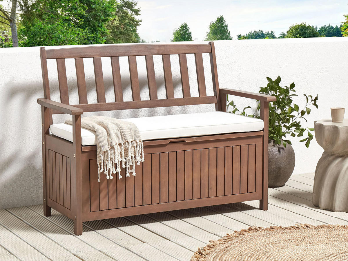 GARTENBANK Akazienholz dunkelbraun mit Stauraum Auflage cremeweiß 120 cmSovana - Dunkelbraun/Creme, Holz (120/91/60cm) - Beliani