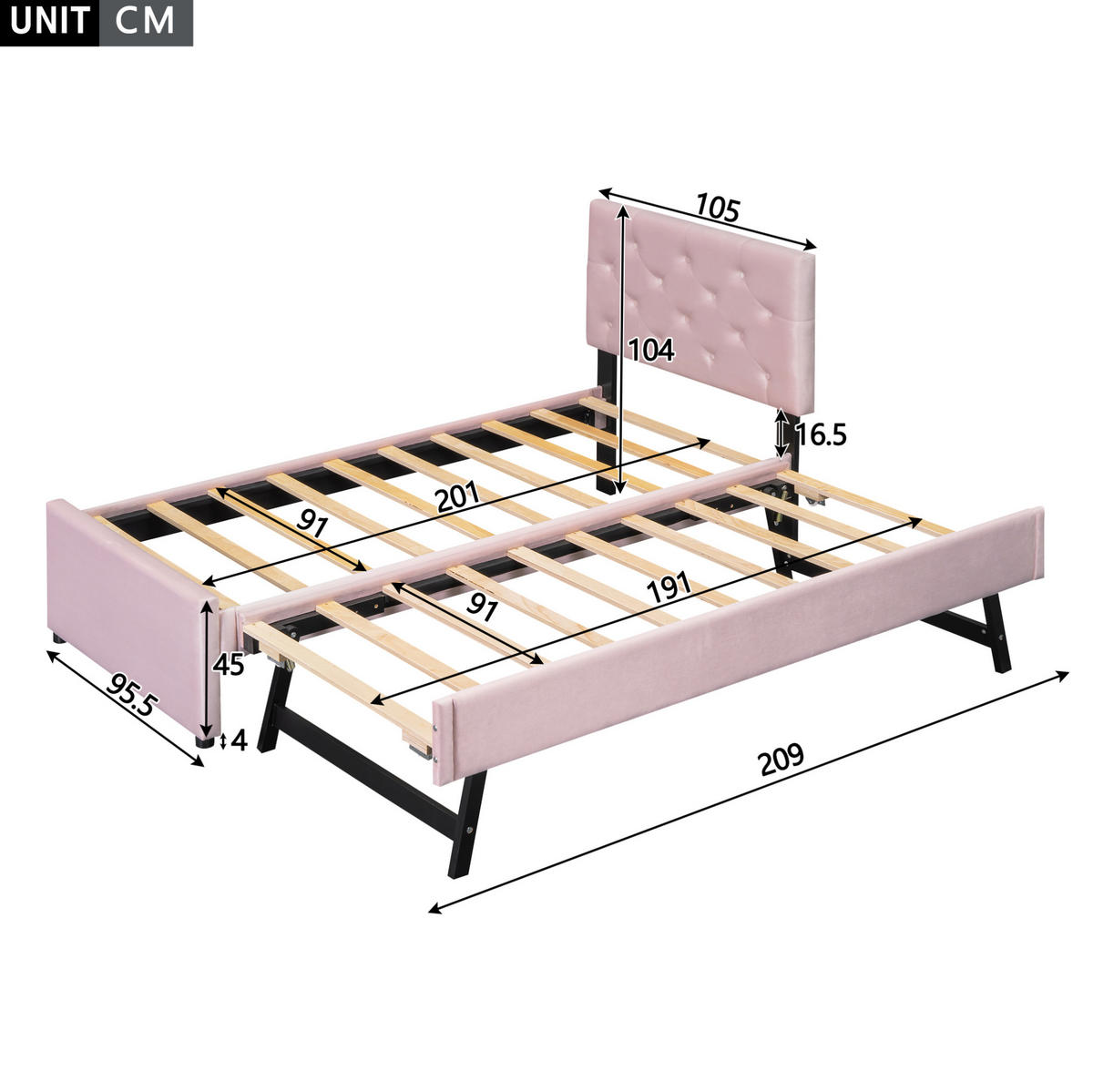 SAMT-POLSTERBETT 90/200 cm in Rosa mit Rollbett und gepolstertem Kopfteil - Rosa, Textil (90/200cm) - BEAOK