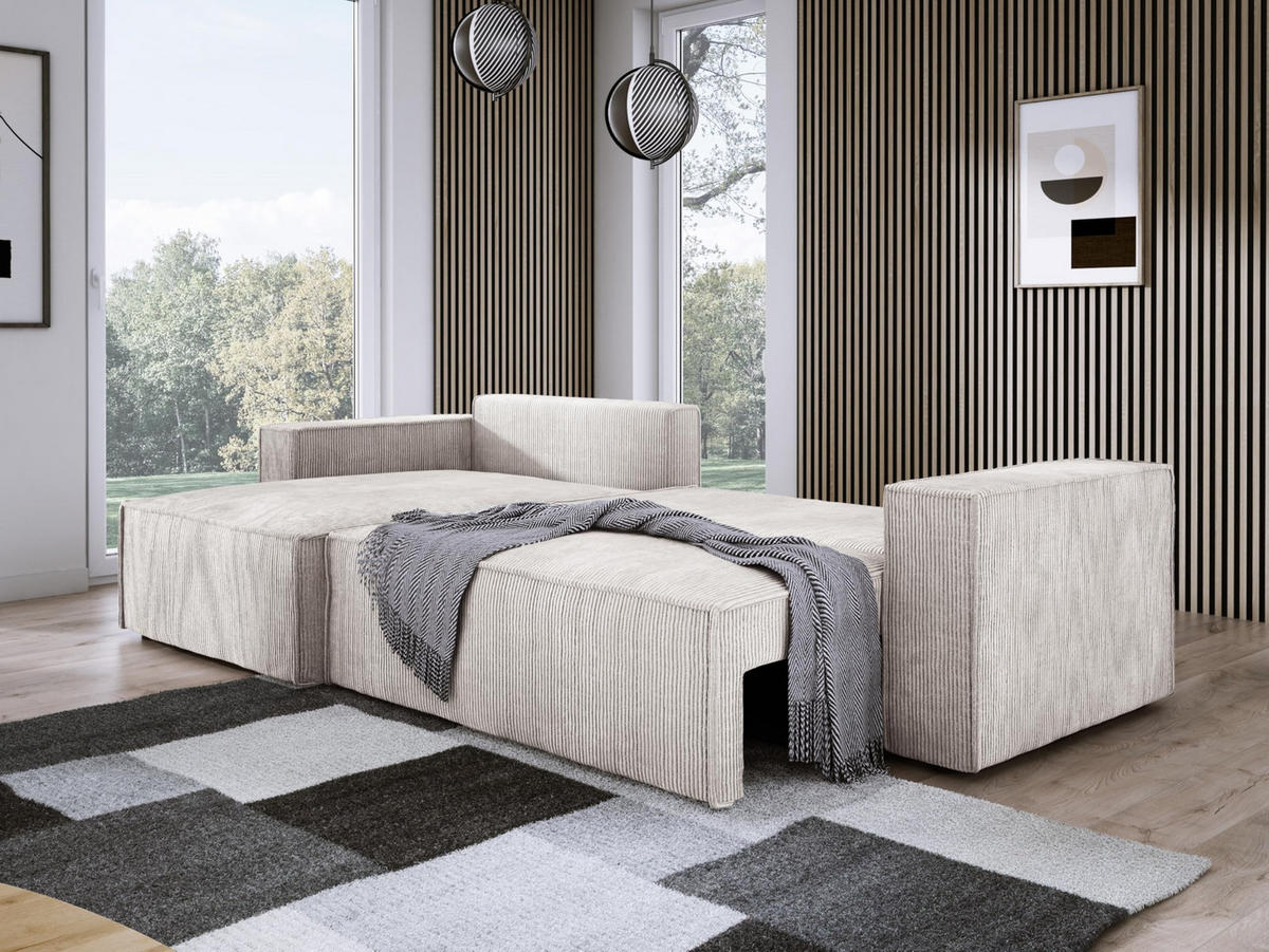 ECKSOFA POSO XL UNIVERSAL, Schlaffunktion und Lattenrost - L-Form, Cord, Federung auf Wellfedern, 274x143x83 cm, Links Light rose - Hellrosa, Holz/Textil (277/143cm) - DomoHome