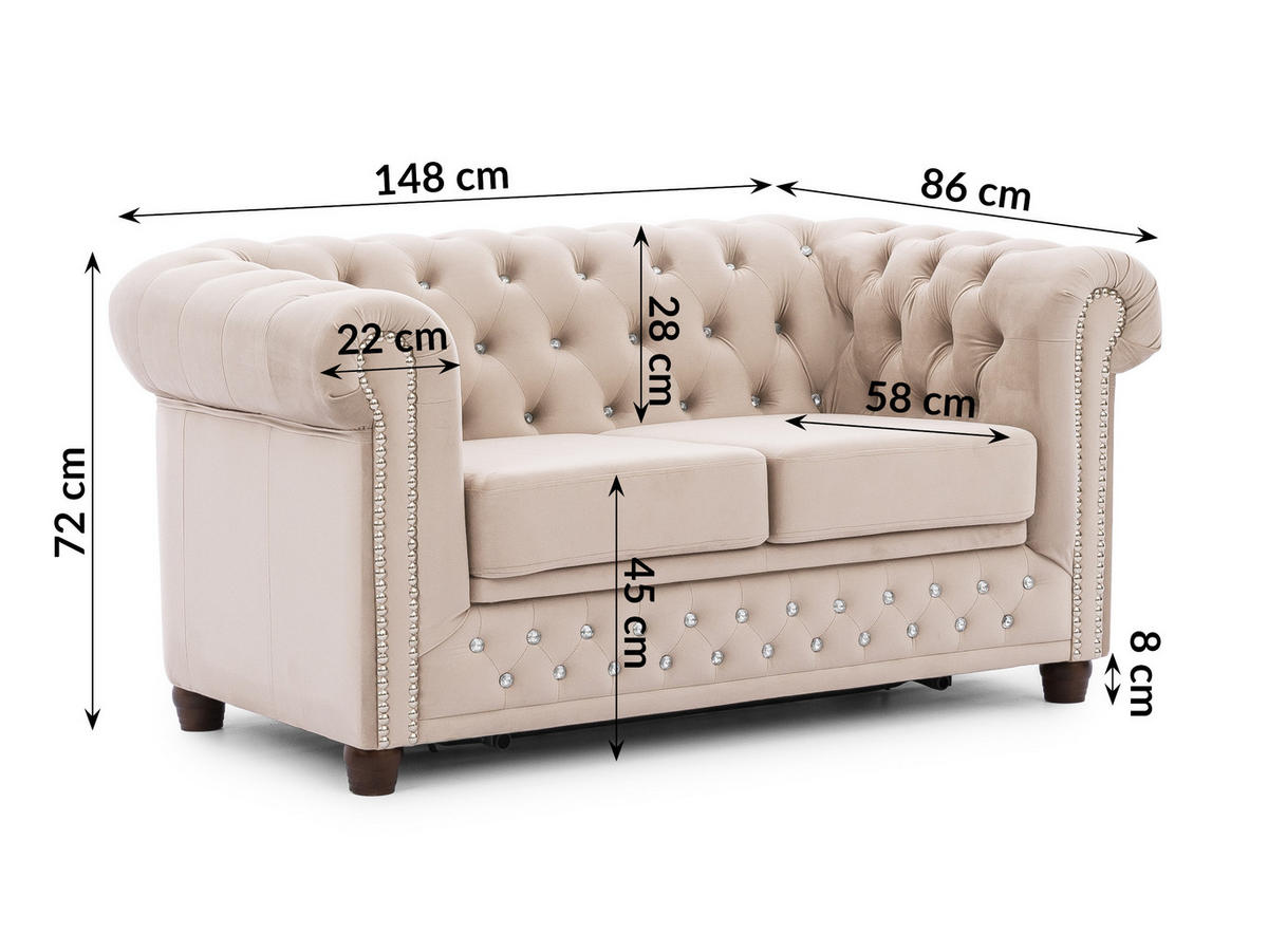 CHESTERFIELD-SOFA 2-Sitzer mit Schlaffunktion Cleo Blink Beige Samt mit Kristallsteppung und braunen Massivholzfüßen - Beige/Braun, Holz/Textil (148/72/86cm) - S-Style Möbel
