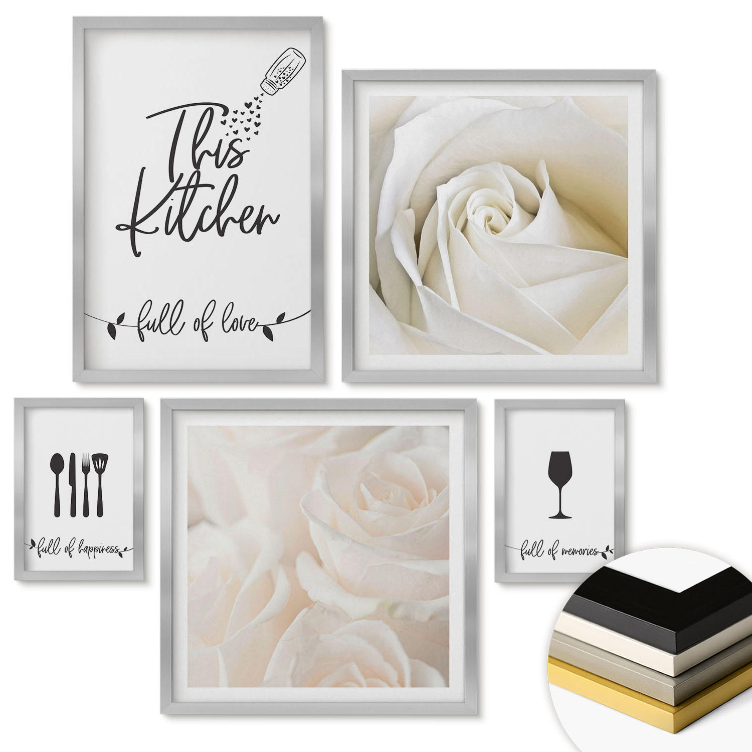WANDBILDER 5er Set - 50x50 cm & 20x30 cm & 40x60 cm Silberner Rahmen - Geometrische Muster im Bauhaus-Stil - Silberfarben, Kunststoff (40/60cm) - ArtPrintCave