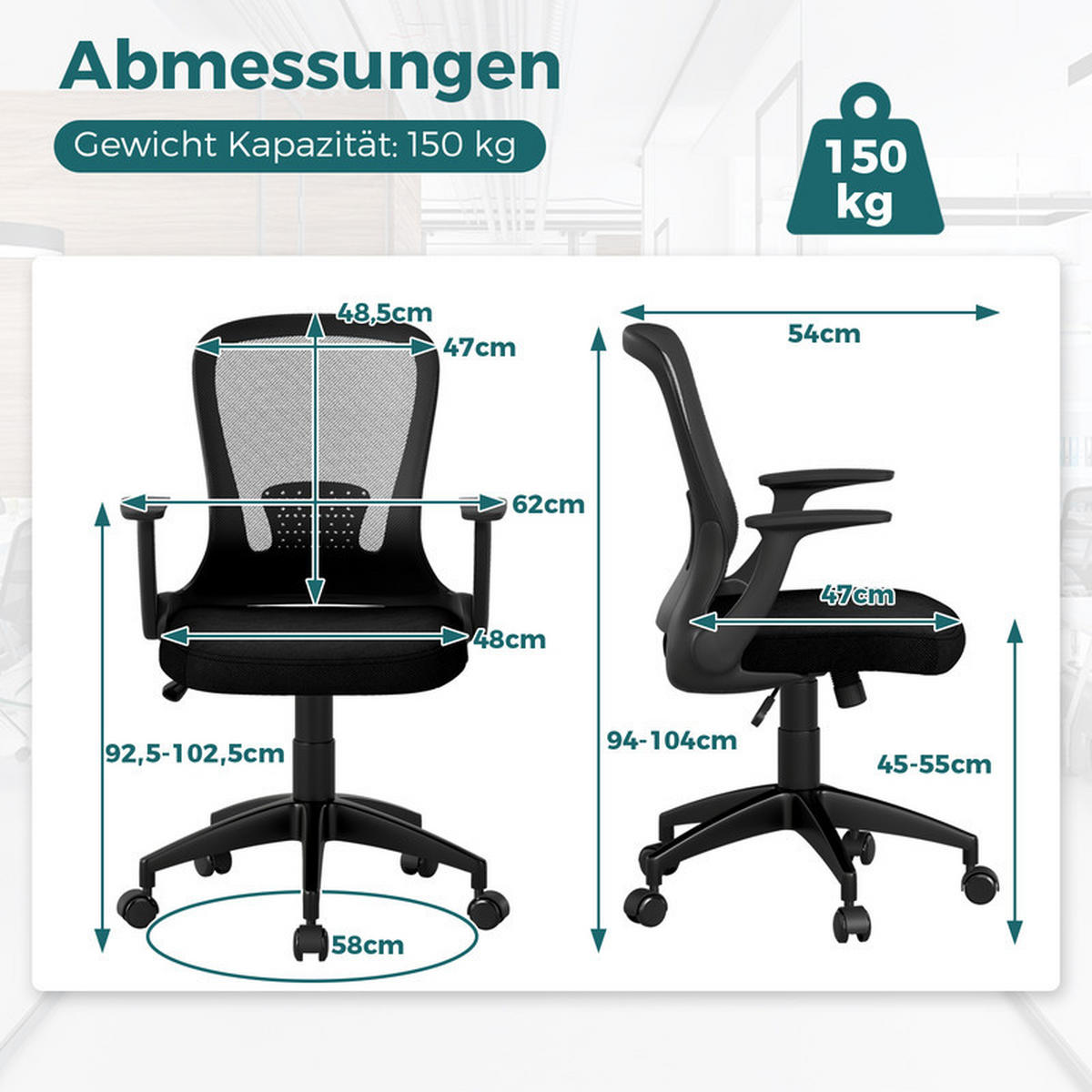 BÜROSTUHL mit hochklappbaren Armlehnen und Lendenwirbelstütze schwarz - Schwarz, Kunststoff (62/94/54cm) - COSTWAY
