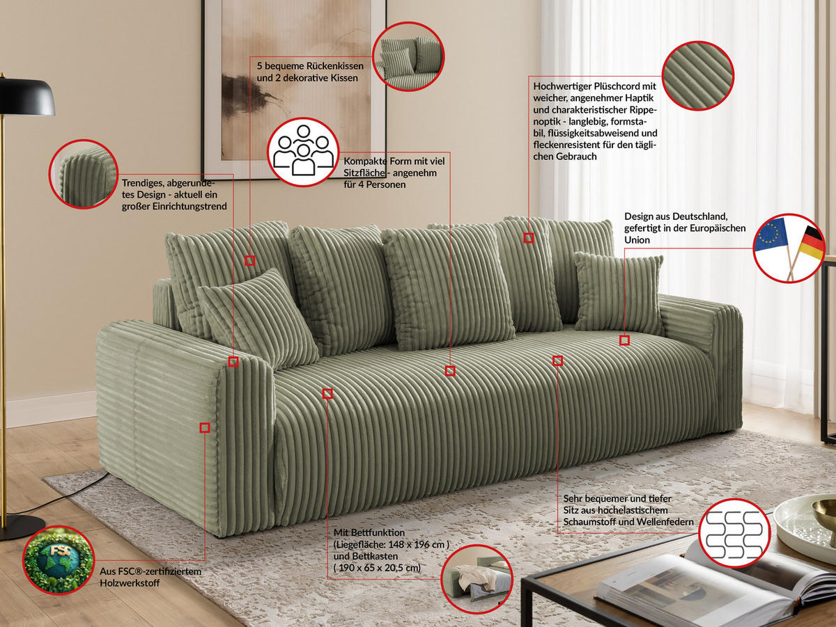 SCHLAFSOFA Calma mit Bettkasten im Bumpy-Design aus weichem Olive Plüschcord - Schwarz/Olivgrün, Holz/Kunststoff (239/88/98cm) - S-Style