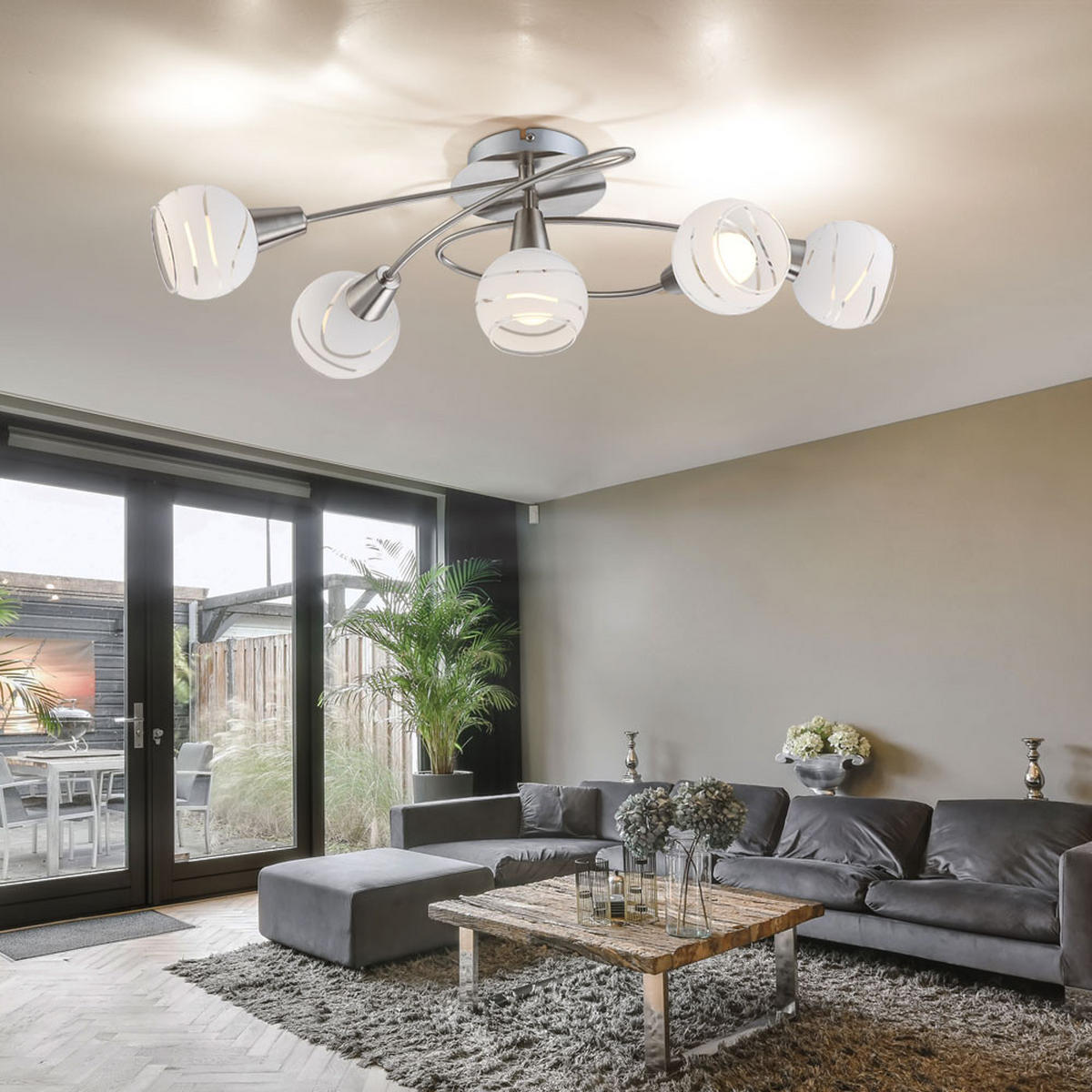 LED DECKENLEUCHTE Metall Silber 5 Flammig - Silberfarben, Glas (62.4/37.1/21.1cm) - Globo Lighting