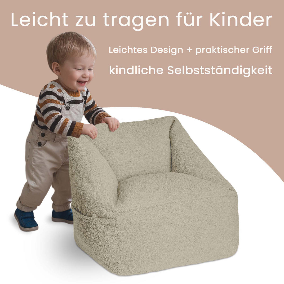 SITZSACK-SESSEL Bambino 55/60/55 cm, weicher Bouclé 315 g/m², mit Griff & Seitentasche, Beige - Beige, Textil (55/55/60cm) - Dreamroots