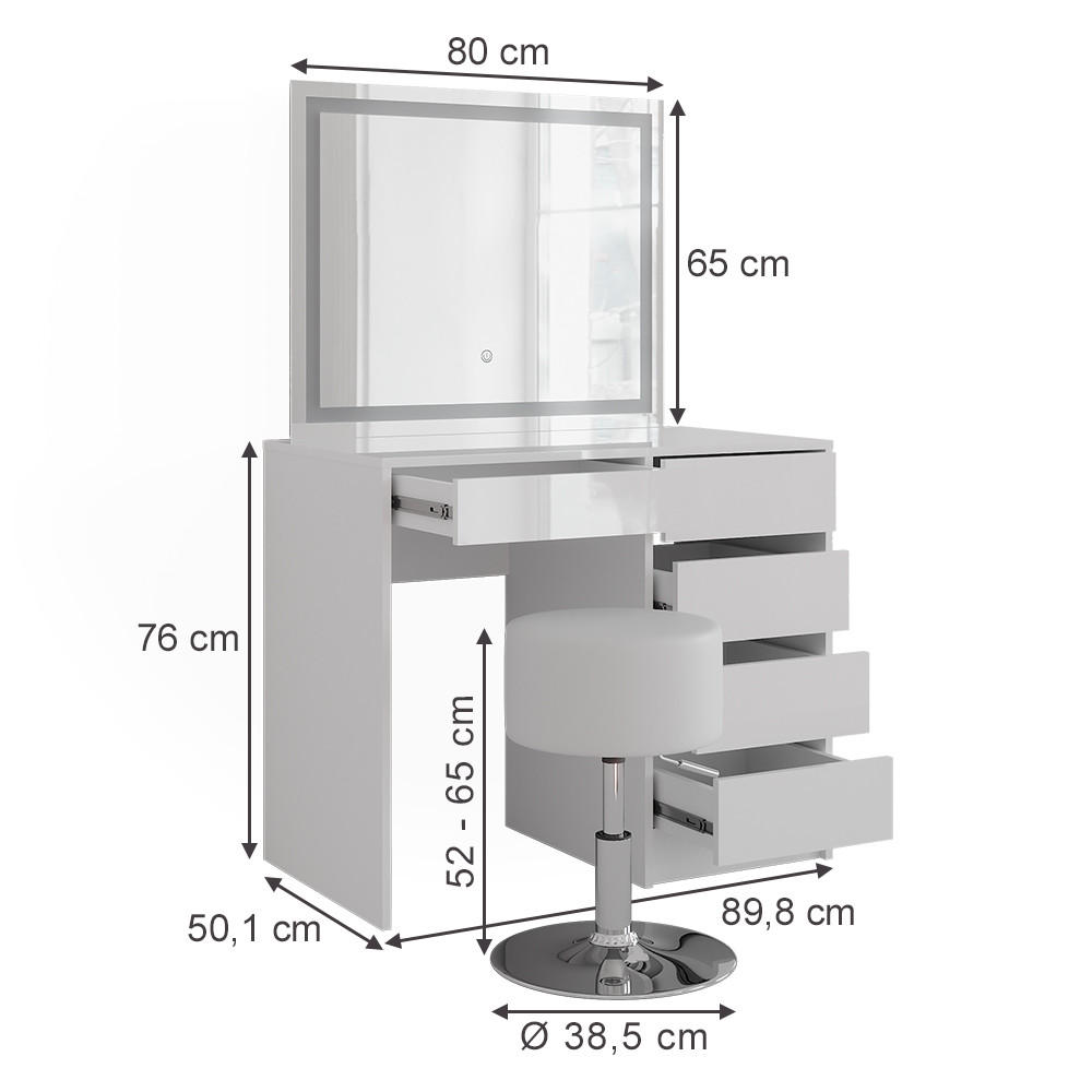 SCHMINKTISCH Sherry Weiß/Weiß Hochglanz 89.8 cm mit LED-Spiegel und Hocker - Weiß Hochglanz, Holzwerkstoff (89.8/76/50.1cm) - Vicco