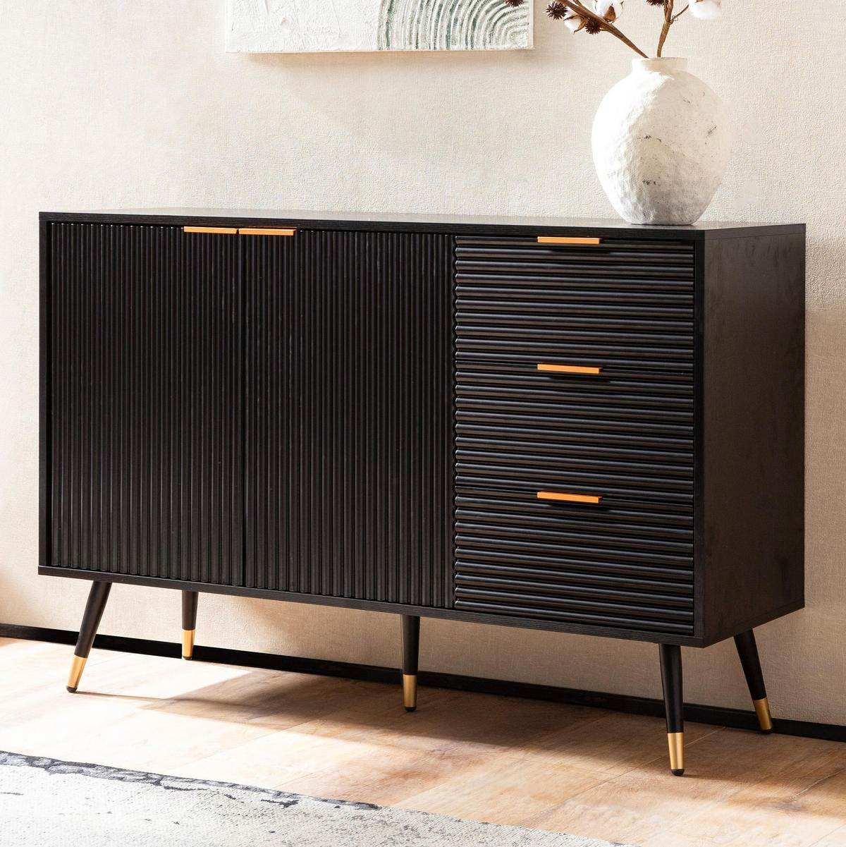 SIDEBOARD – Schwarz/Eiche-Dekor, 120x80x40 cm, mit Türen und Schubladen, Metallbeine - Goldfarben/Schwarz, Holzwerkstoff/Metall (120/80/40cm) - KADIMA DESIGN