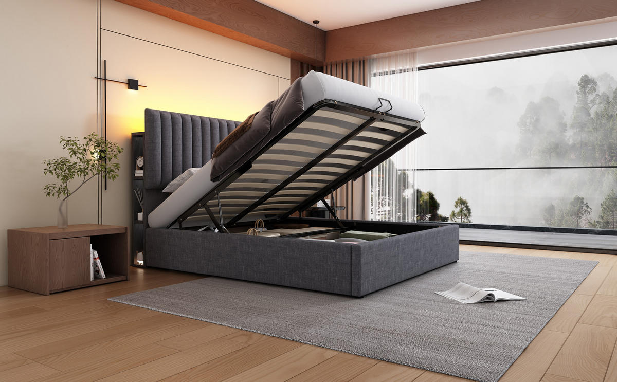 POLSTERBETT 140/200 cm in Grau Leinen mit Bettkasten, LED und USB Type-C - Grau, Holzwerkstoff/Textil (140/200cm) - WISHDOR