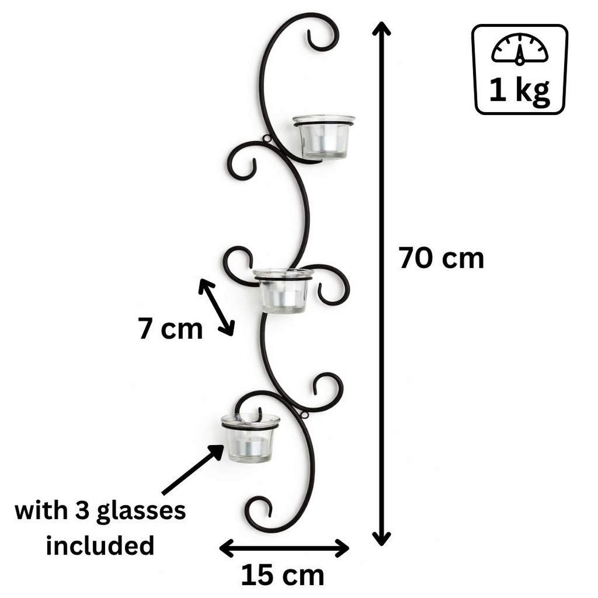 WANDTEELICHTHALTER 3-flammig Metall Schwarz 15/7/68 cm - Schwarz, Metall (68cm) - DanDiBo