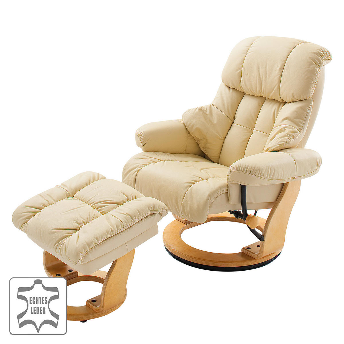 RELAXSESSEL - 2-teilig - Holzwerkstoff / Echtleder / Kunstleder - Creme, Leder/Birkenholz (90/104/91cm) - home24