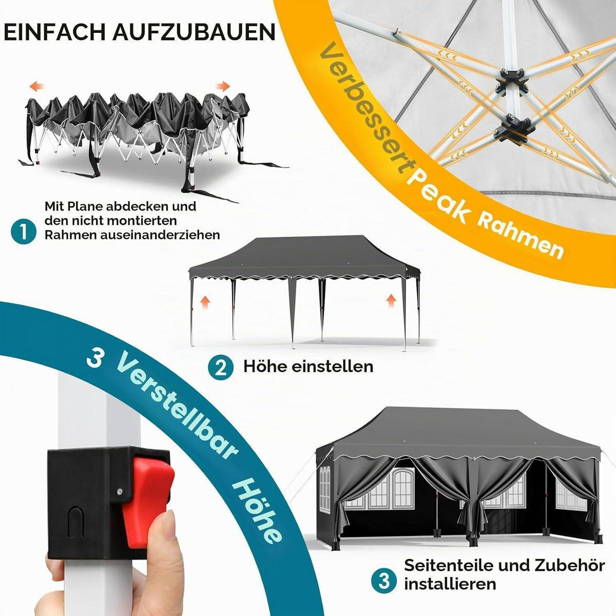 FALTPAVILLON 3x6 m Grau Wasserdicht mit 6 Seitenwänden, winterfest - Grau, Textil (300/310/600cm)