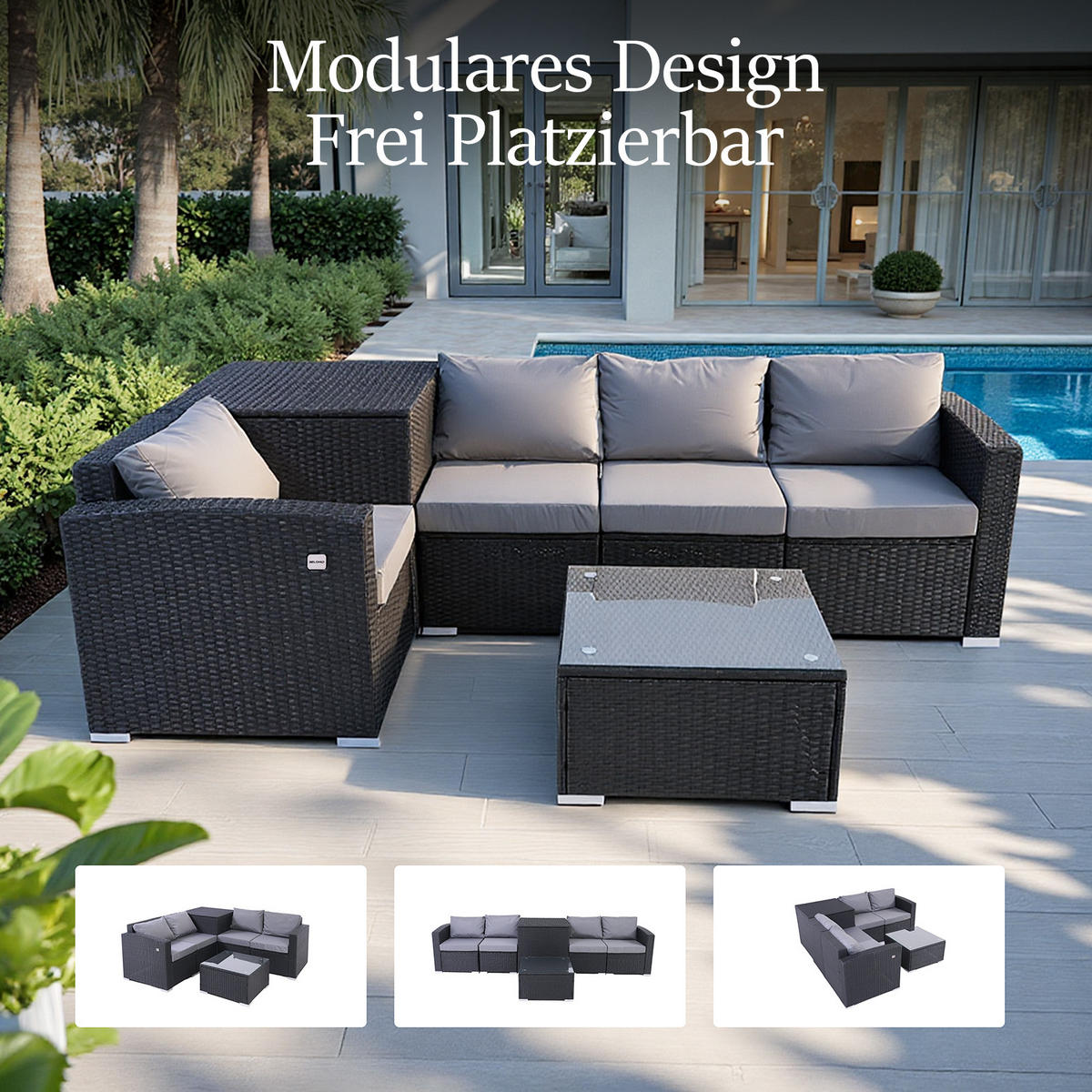 GARTEN-SOFA-SET - Schwarz, Metall - BELONID