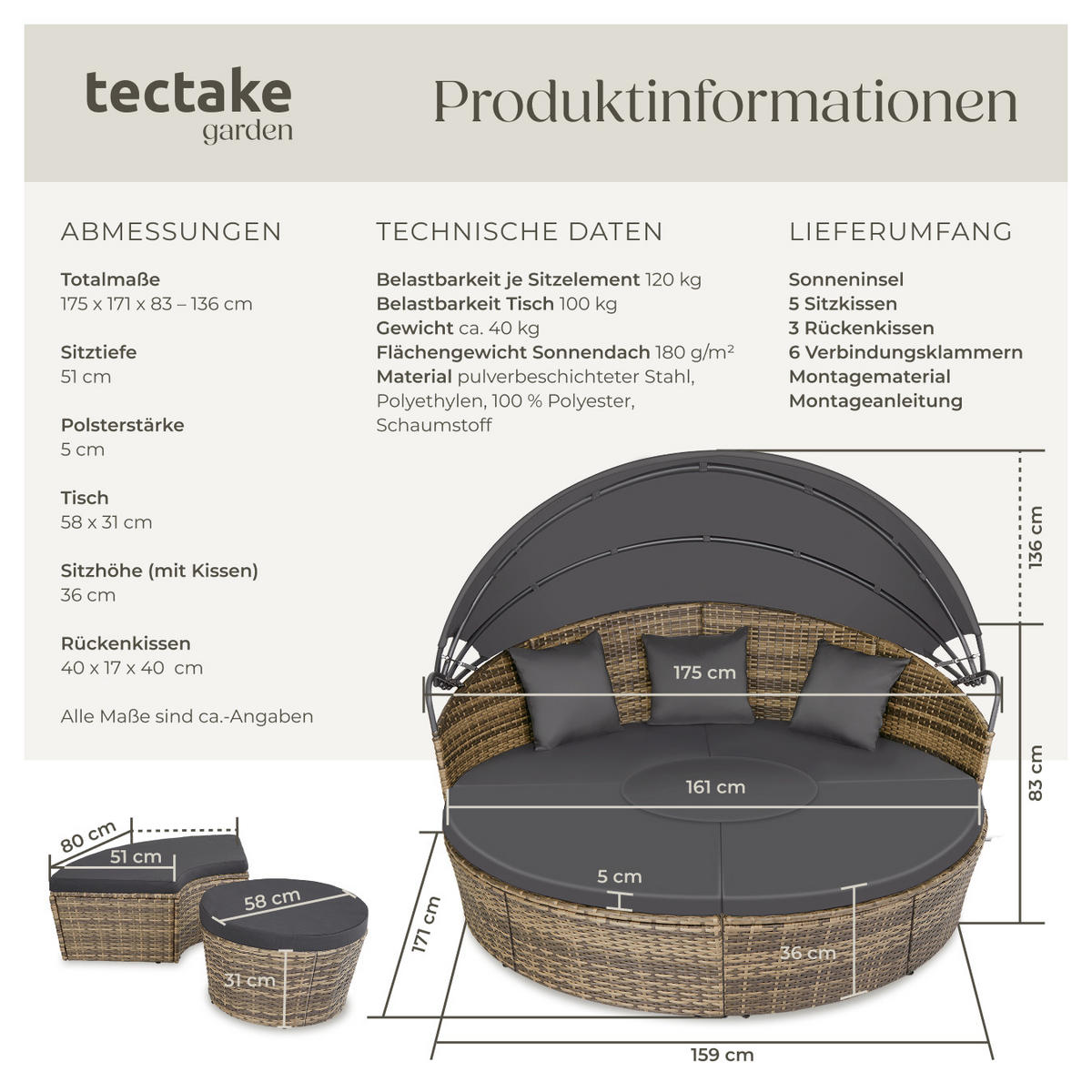 RATTAN SONNENINSEL Santorin,variabel aufstellbar,natur - Naturfarben, Kunststoff (171/136/175cm) - tectake