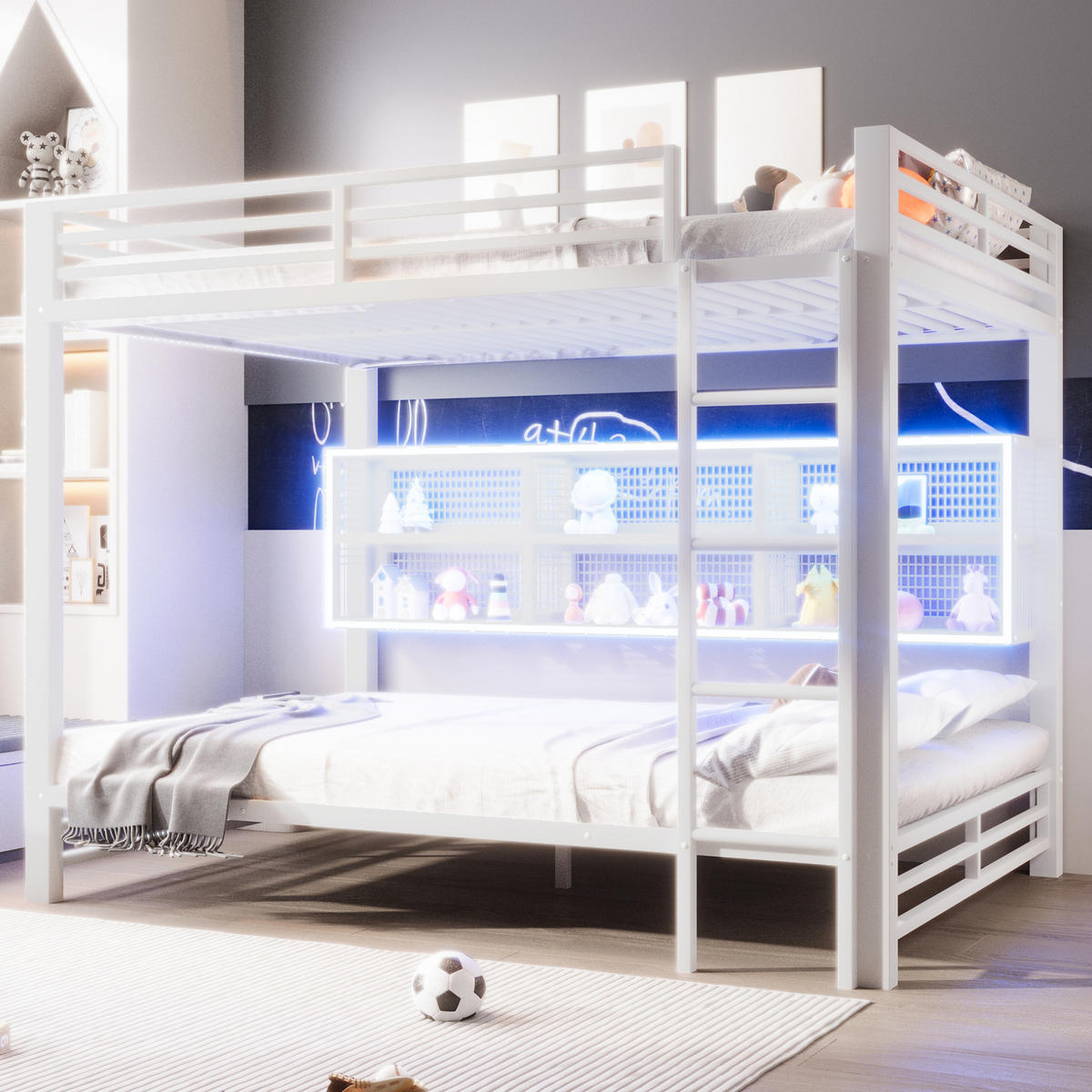 ETAGENBETT 140/200 cm in Weiß aus Metall mit 6 Stauraumschränken und LED - Weiß, Metall (140/200cm) - Flora Grace