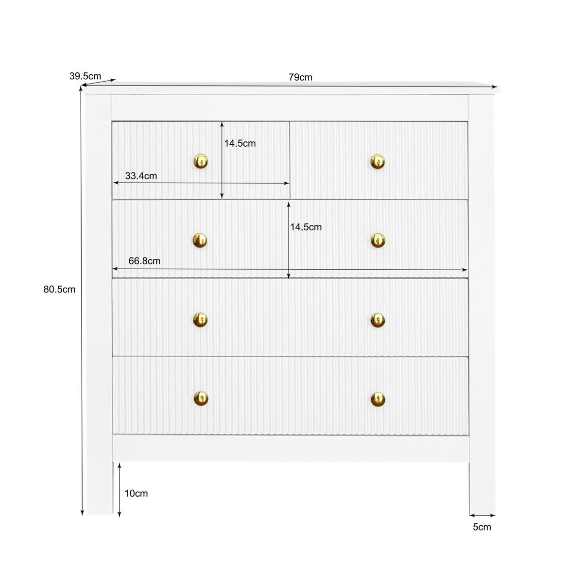 SIDEBOARD mit 5 Schubladen 80,5/39,5/79 cm in Weiß mit goldfarbenen Griffen - Weiß, Holzwerkstoff (79/80.5/39.5cm) - BEAOK