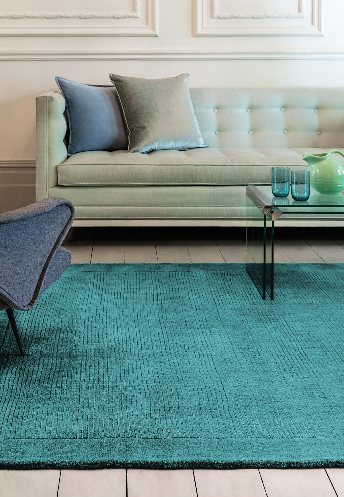 TEPPICH Schurwolle handgewebt mit Bordüre modern STOW, Türkis 160x230 cm - Türkis, Textil (160/230cm) - KADIMA DESIGN