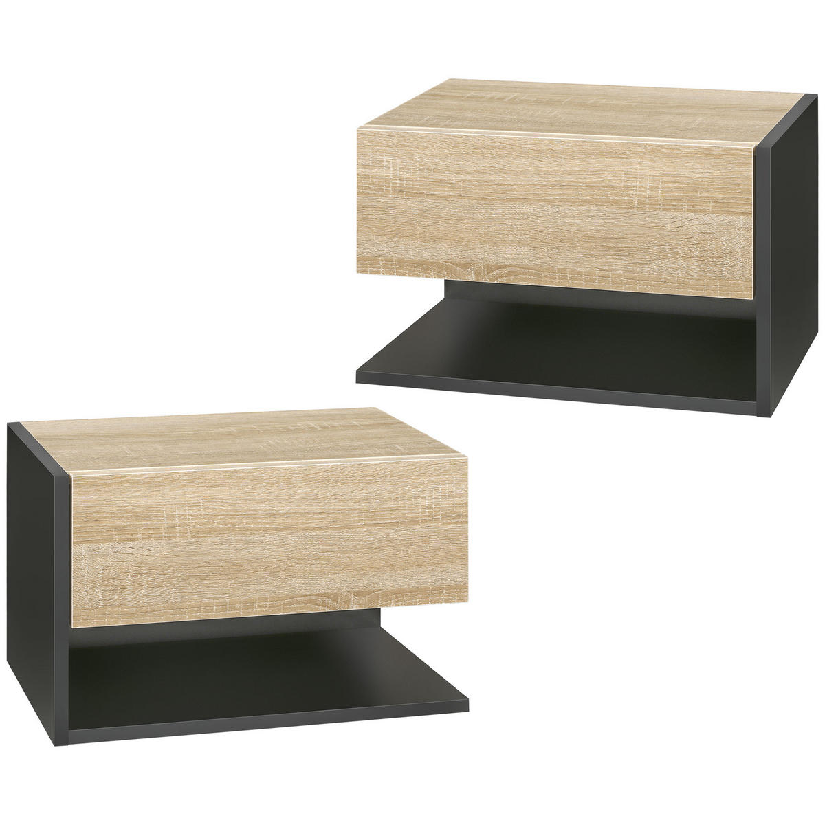 NACHTSCHRANK 2er-Set DE-12808 Schublade und offenes Fach Schwarz/Eiche hell - Schwarz, Holzwerkstoff (30/30/46cm) - ComfortXL