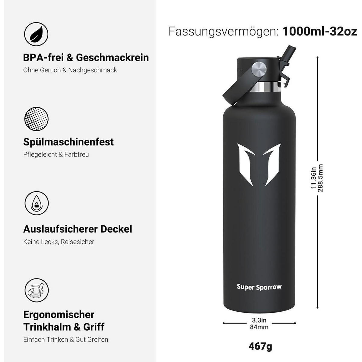TRINKFLASCHE Edelstahl 1000 ml Schwarz - Schwarz, Metall (8.5/8.5cm)