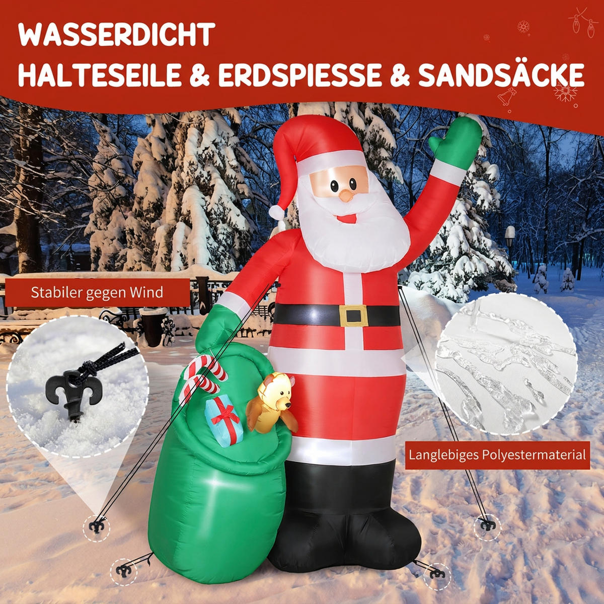 AUFBLASBARER-WEIHNACHTSMANN Polyester Rot - Rot, Textil (90/275/180cm) - Outsunny