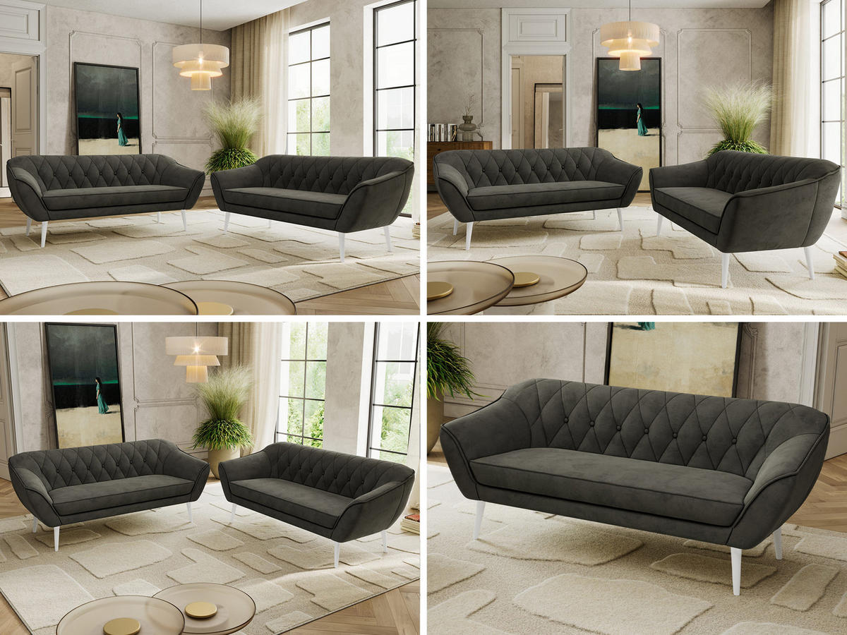 SEDACÍ SOUPRAVA 3+3 PIRS - Tmavě šedá Samet - Bílé nohy - bílá/tmavě šedá, kompozitní dřevo/textil (180/75/74cm) - MKS