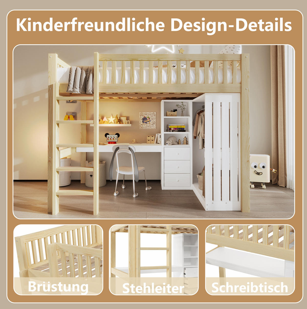 HOCHBETT mit Schreibtisch 140/200 cm in Natur – mit Kleiderschrank, Treppe und Stauraum - Naturfarben, Holz (140/200cm) - BEAOK