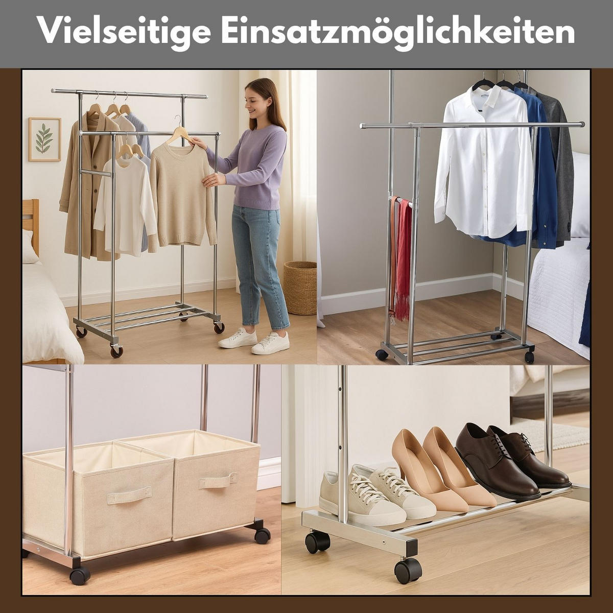KLEIDERSTÄNDER rollbar, 2 Kleiderstangen 160/42/162 cm - Silberfarben, Metall (42/160/160cm) - Coemo