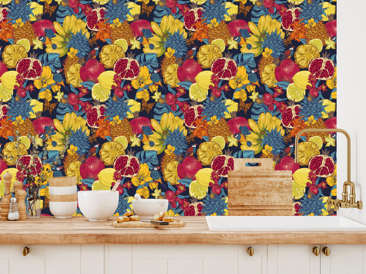 VLIESTAPETE Tropische Früchte, Blüten und Vögel – Bunt, Dunkelblau – 50x1000 cm - Multicolor/Dunkelblau, Papier (50/1000cm) - Muralo