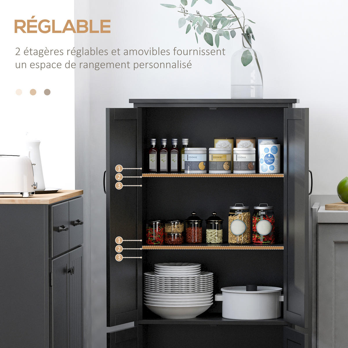 HIGHBOARD DE-10978 2 Türen & 3 verstellbare Böden Schwarz - Schwarz, Holzwerkstoff (30/123/60cm) - ComfortXL