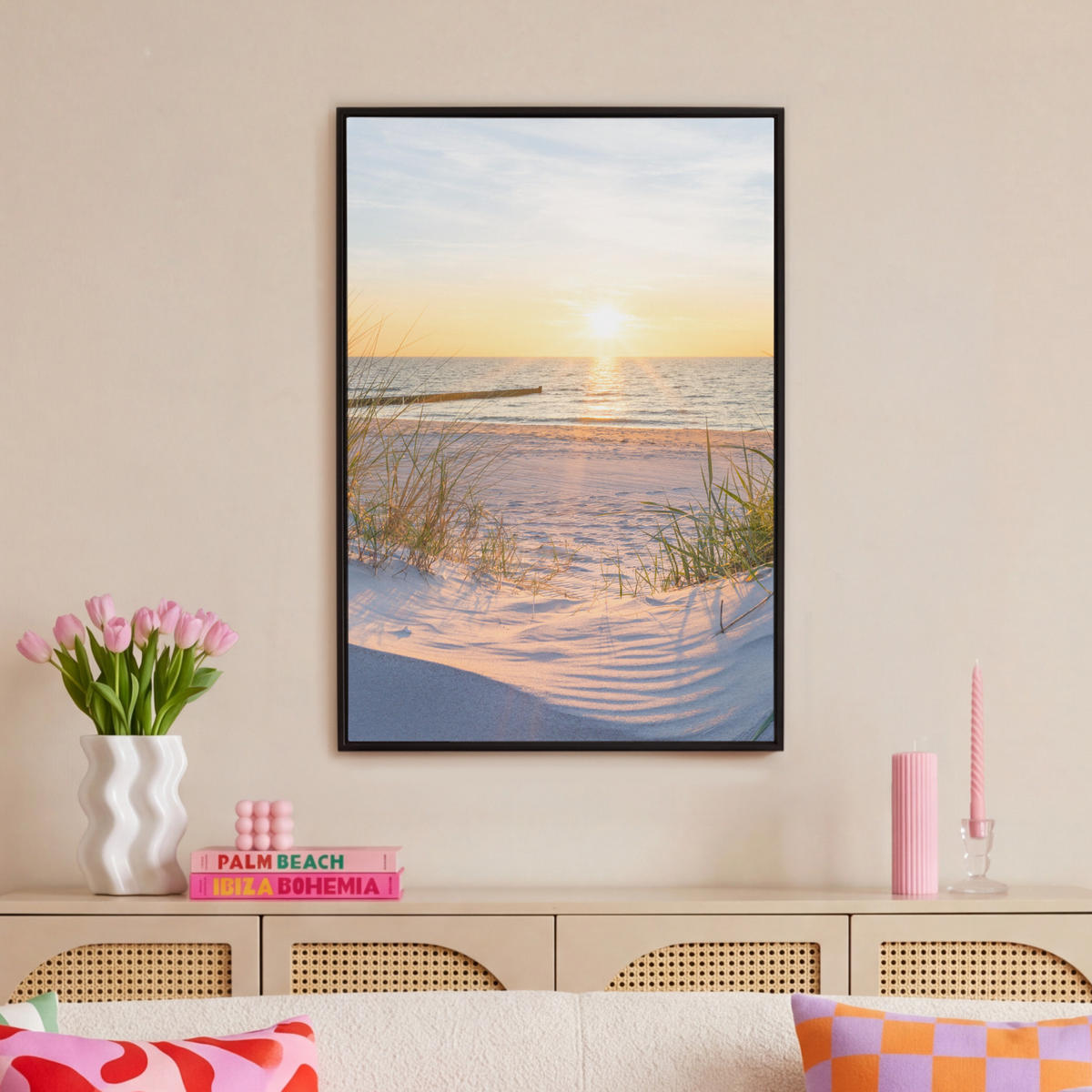 LEINWAND Bilder mit Rahmen - Strand - Sonne - Düne - Gras - Sand - Horizont - 60x90 - Hellblau, Textil (60/90cm) - MuchoWow