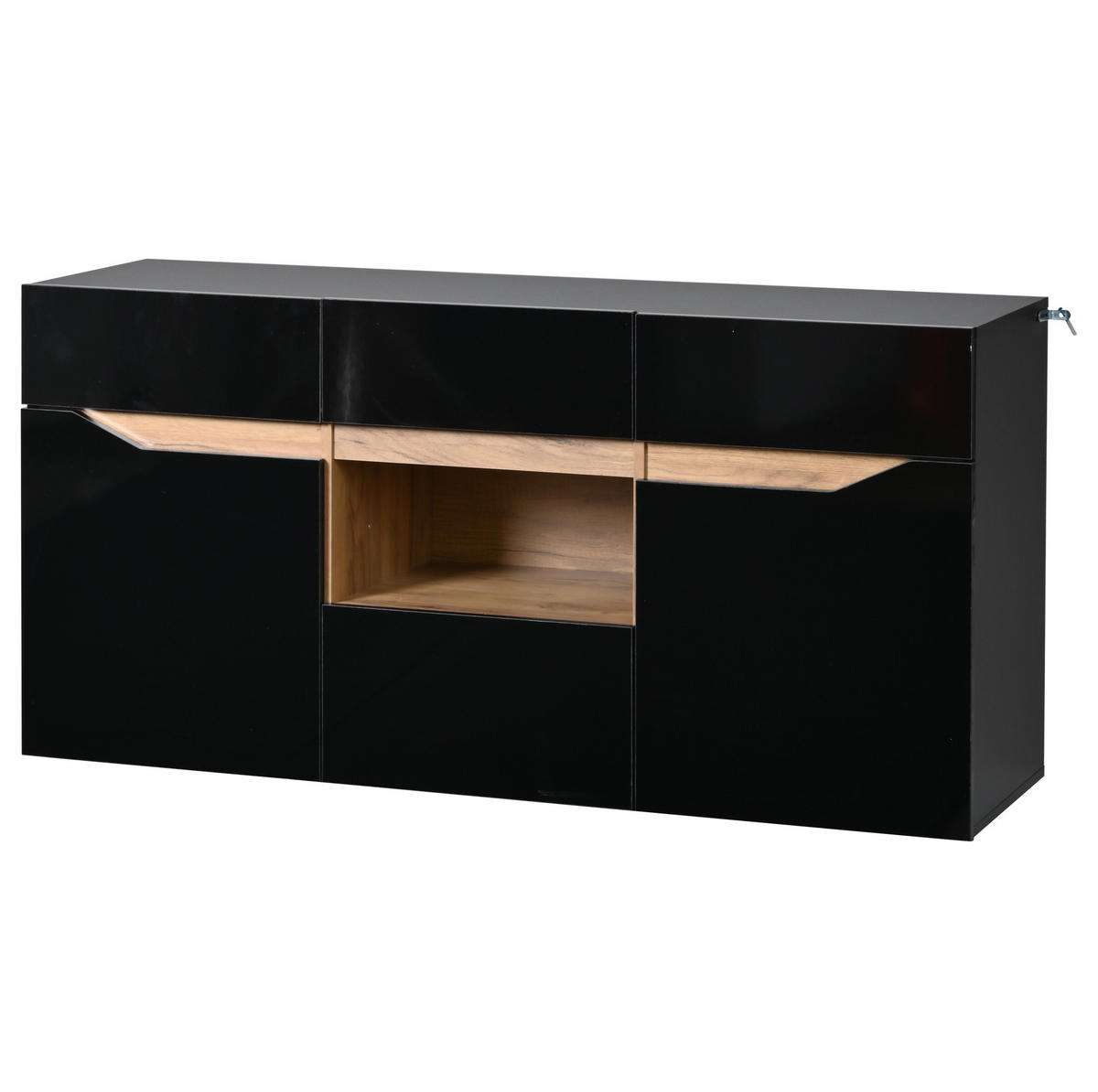 SIDEBOARD 140/40/70 cm schwarz aus Spanplatte mit LED und 4 Schubladen - Schwarz, Holzwerkstoff (140/70/40cm) - OKWISH