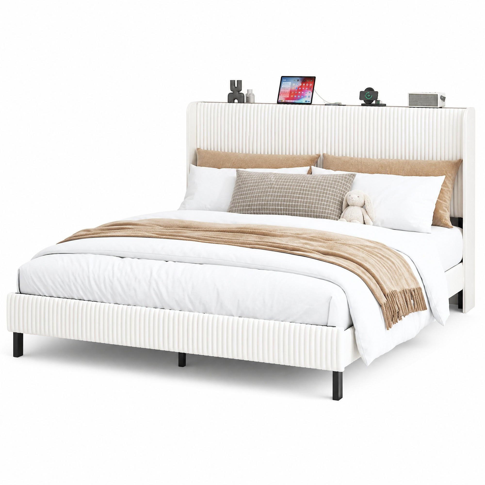 POLSTERBETT 180/200 cm in Beige & Creme Cord mit Flügelkopfteil - Beige, Holzwerkstoff/Textil (180/200cm) - CHICFURN