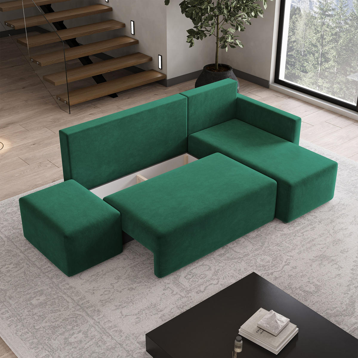 ECKSOFA VELOTTI R-S Grün Plüsch-Stoff mit Schlaffunktion - Grün, Holz (261/143cm) - MASSENO