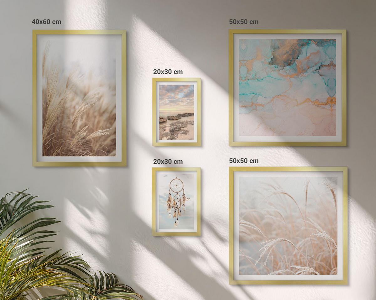 BILDER SET 5er Set - 50x50 cm & 20x30 cm & 40x60 cm Goldrahmen - Strand, Boot, Muscheln, Gras, Boho-Stil - Goldfarben, Kunststoff (40/60cm) - TULUP