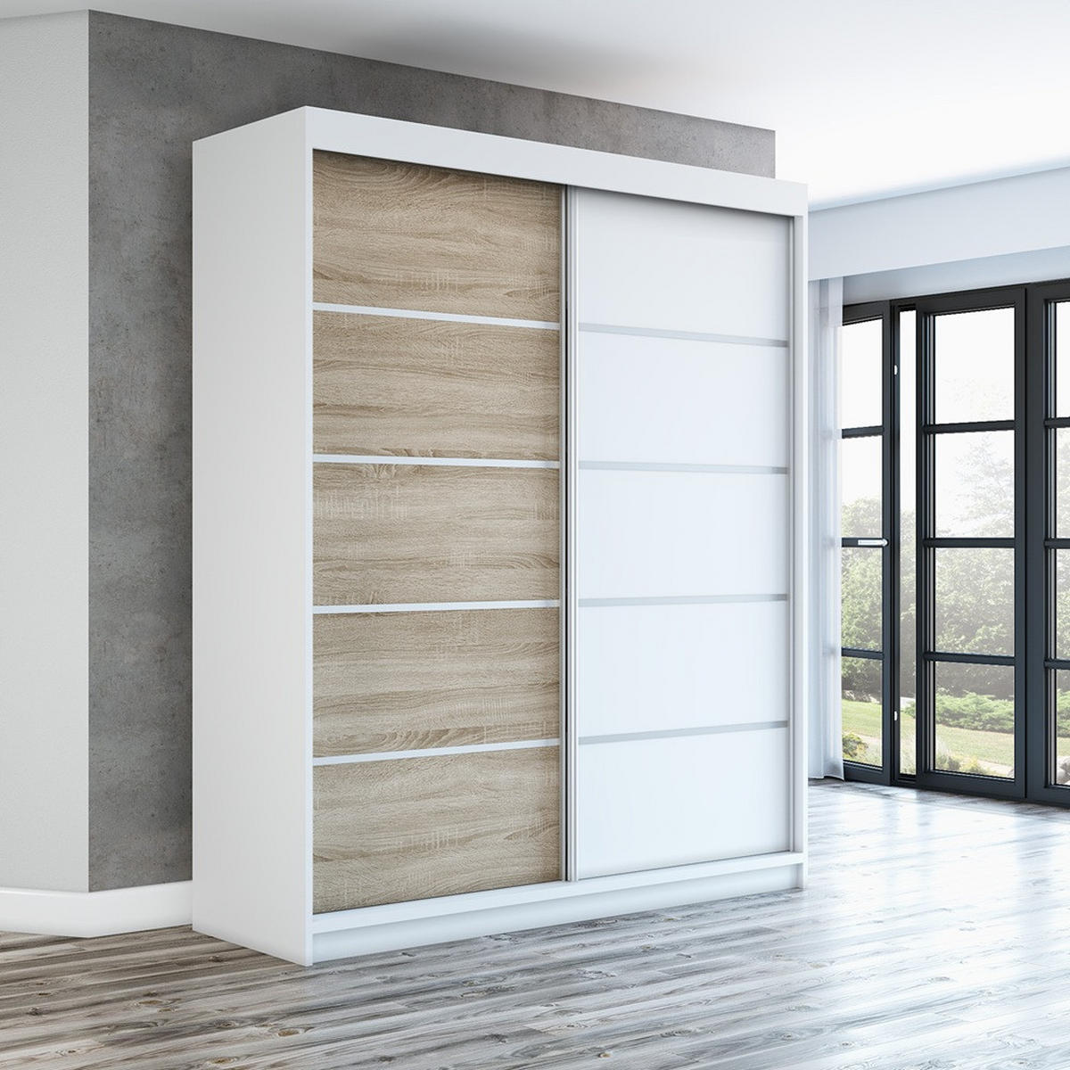 SCHWEBETÜRENSCHRANK 180 CM TREND Farbe: Weiß , sonoma , weiß - Weiß/Braun, Holzwerkstoff (180/215/59.5cm) - A&J MöbelLand