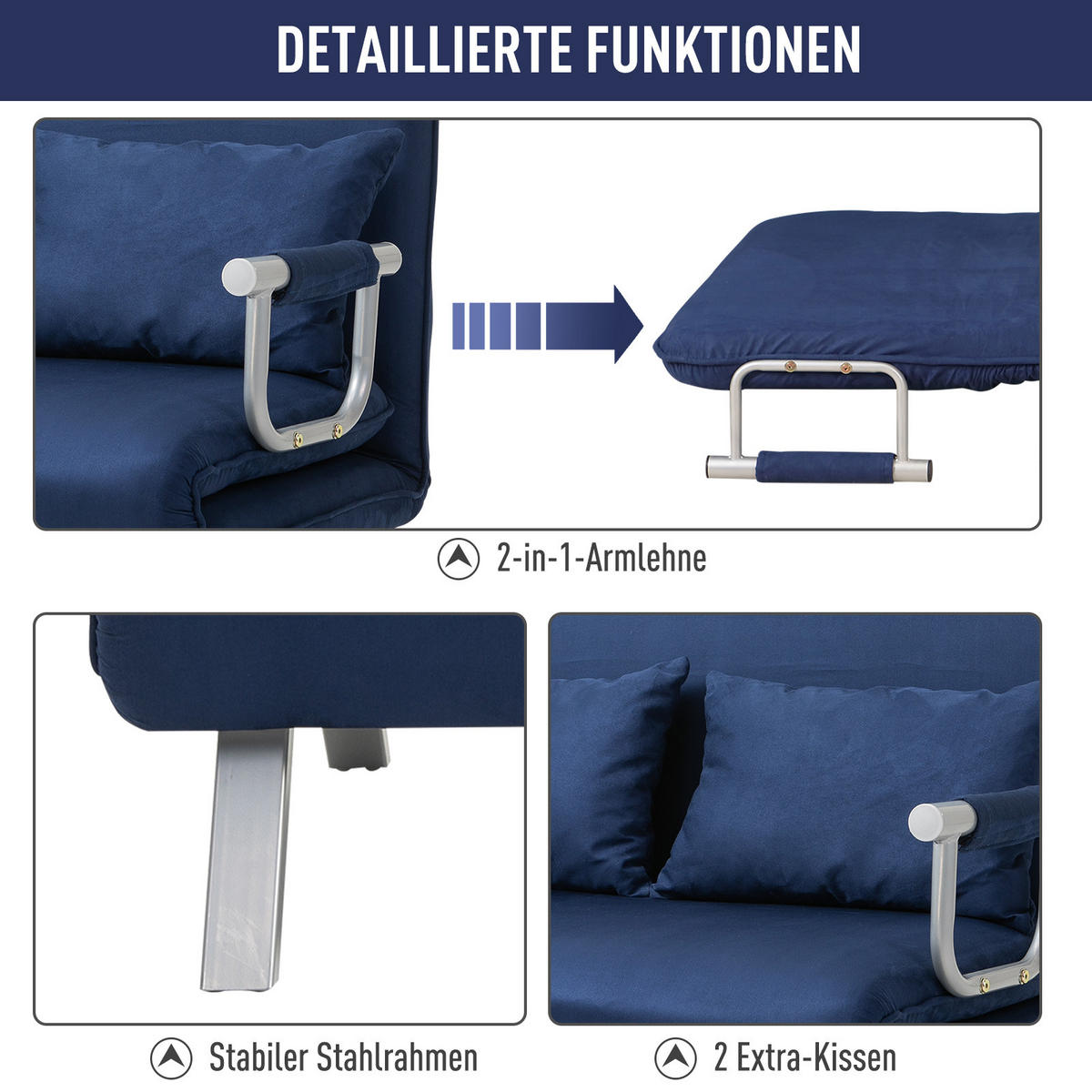 2-SITZER Sofa mit Schlaffunktion, Schlafsofa mit Verstellbarer Rückenlehne, Blau - Blau, Kunststoff/Metall (80/78/111cm) - HOMCOM