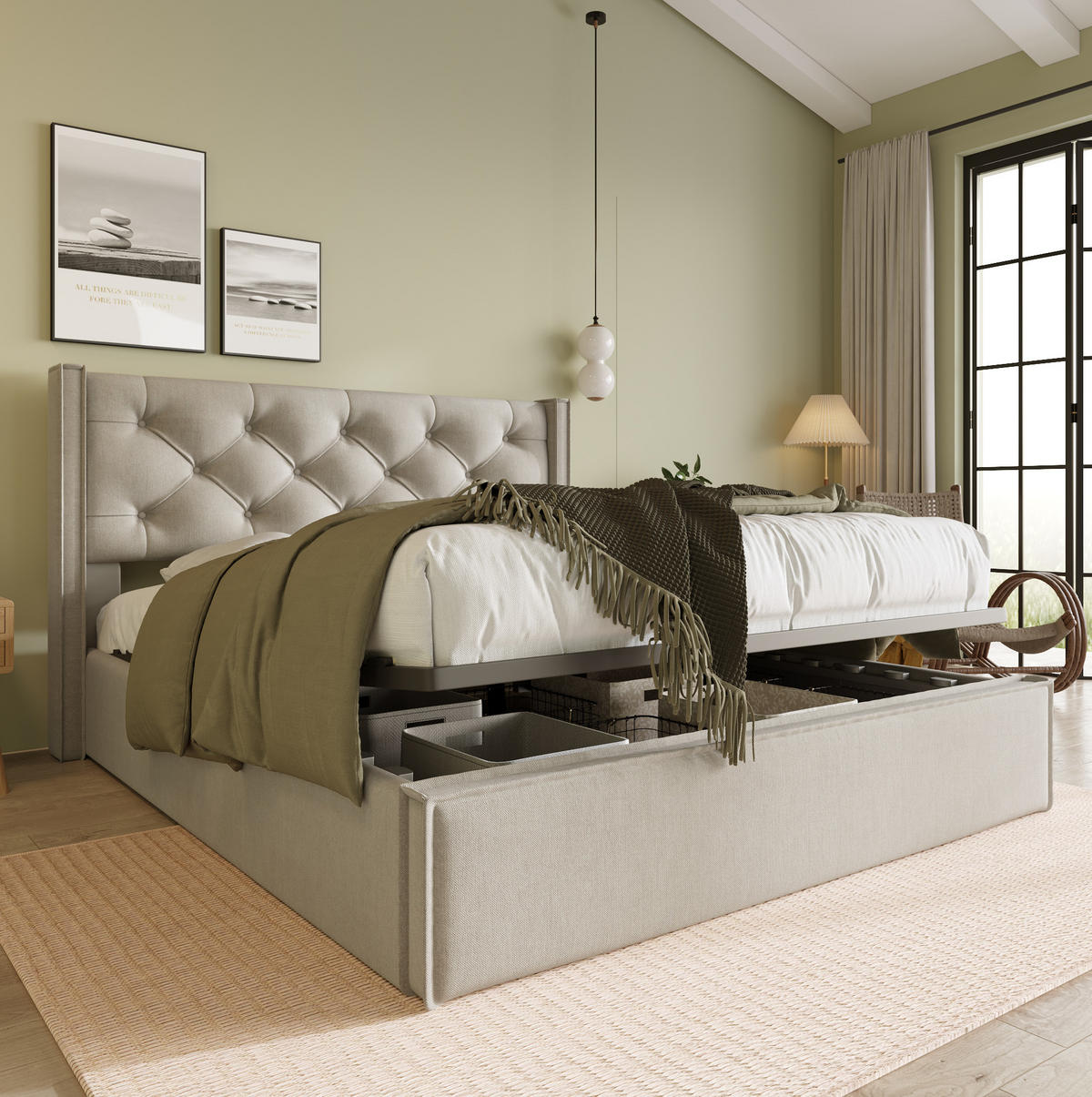 POLSTERBETT 160/200 cm in Hellgrau mit Stauraum und Lattenrost - Hellgrau, Textil (160/200cm) - OKWISH