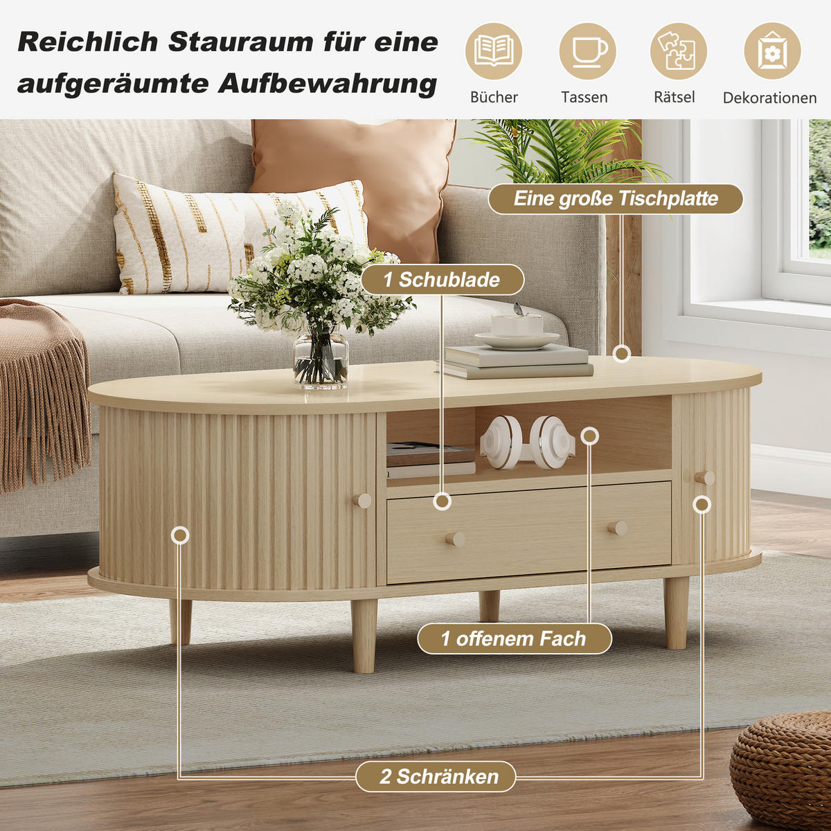 COUCHTISCH Holzfarbe - Naturfarben, Holzwerkstoff (100/50/36cm)