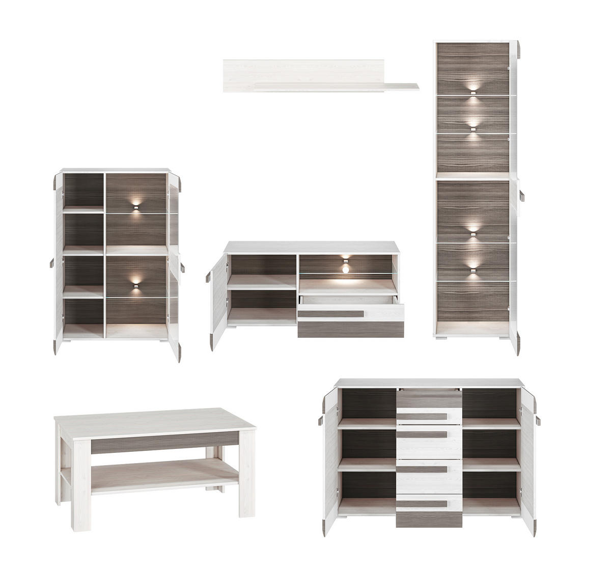 WOHNZIMMER-SET Blanco Pinie weiß / grau 6-teilig - Weiß, Holz/Holzwerkstoff (413/202/67cm) - Feldmann-Wohnen