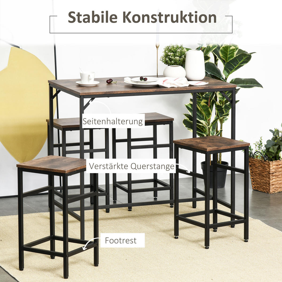 BARTISCH-SET Stehtisch mit 4 Barhockern 5-teiliges Tischset Stahl Braun - Braun, Kunststoff (60/88/100cm) - HOMCOM