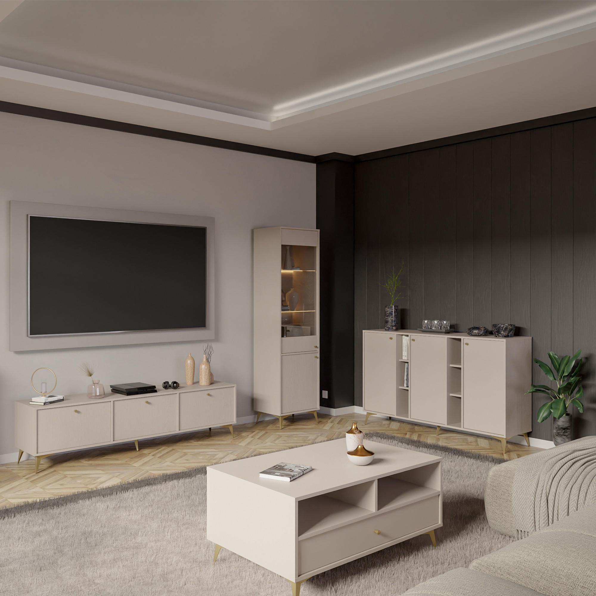 KOMMODE FLOREN, Creme/Gold - Creme, Holzwerkstoff/Metall (157.7/93.5/40.8cm) - KONSIMO®
