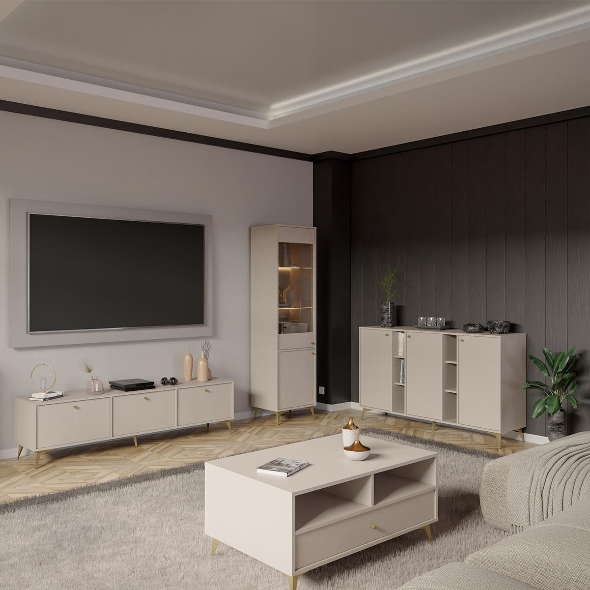 KOMMODE FLOREN, Creme/Gold - Creme, Holzwerkstoff/Metall (157.7/93.5/40.8cm) - KONSIMO®