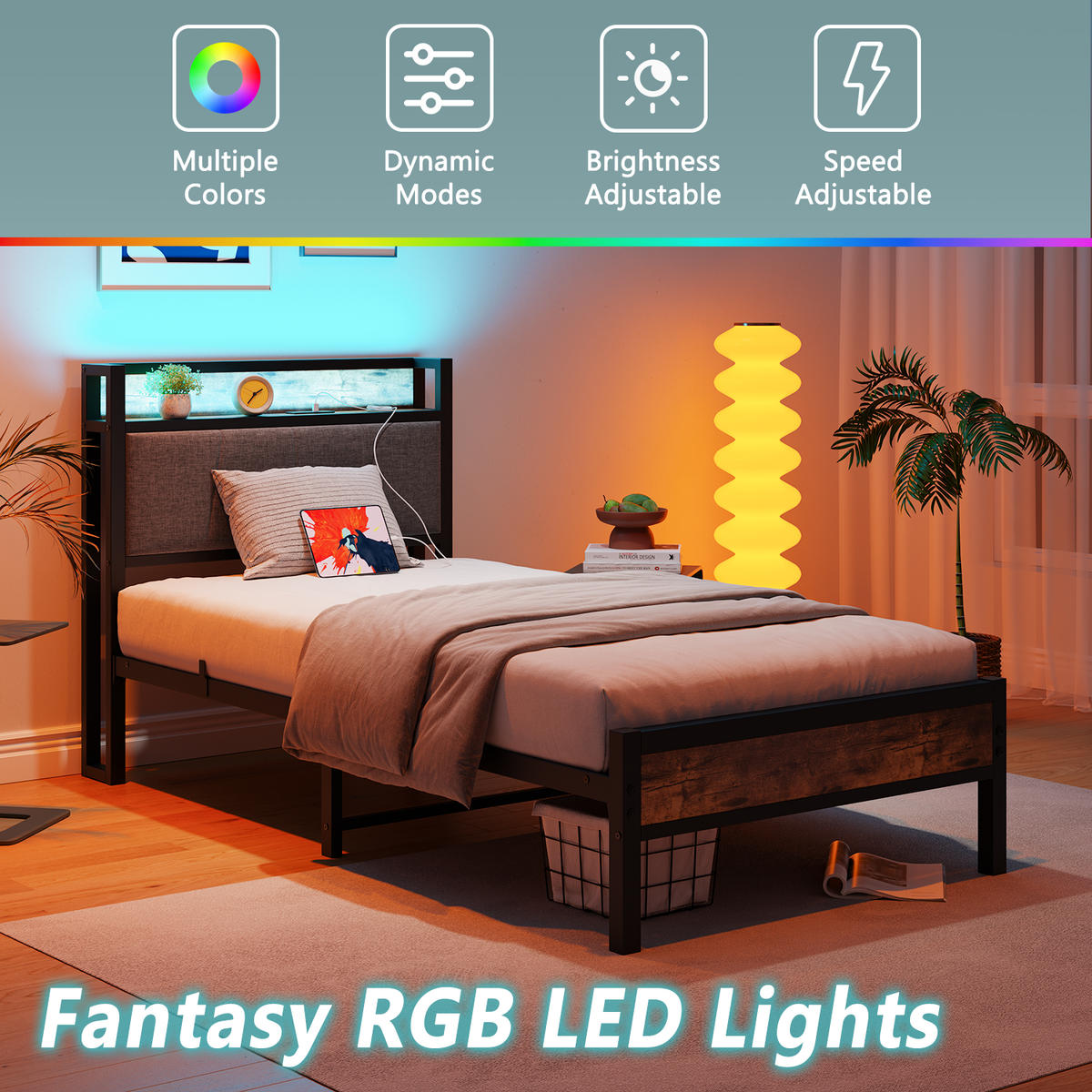 METALLBETT 90x200 cm LED USB Stauraum - Dunkelbraun, Holzwerkstoff (90/200cm) - Fortuna Lai