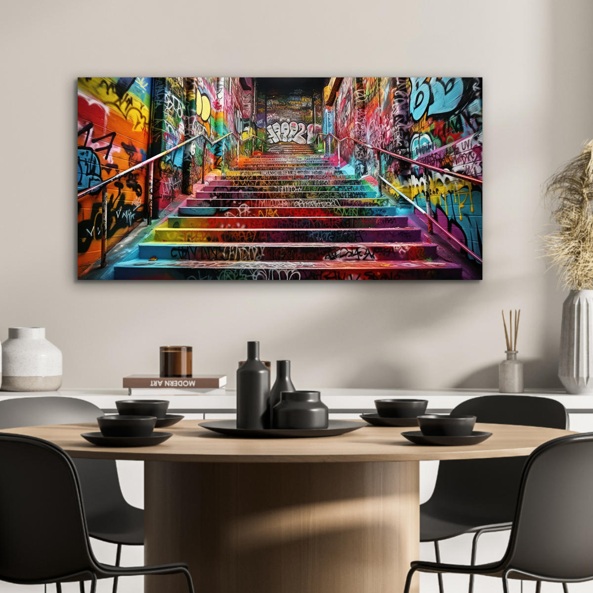 KOVOVÝ OBRAZ Schody - Graffiti - Farby - Umenie 80x40 cm - viacfarebná, kov (80/40cm) - MuchoWow