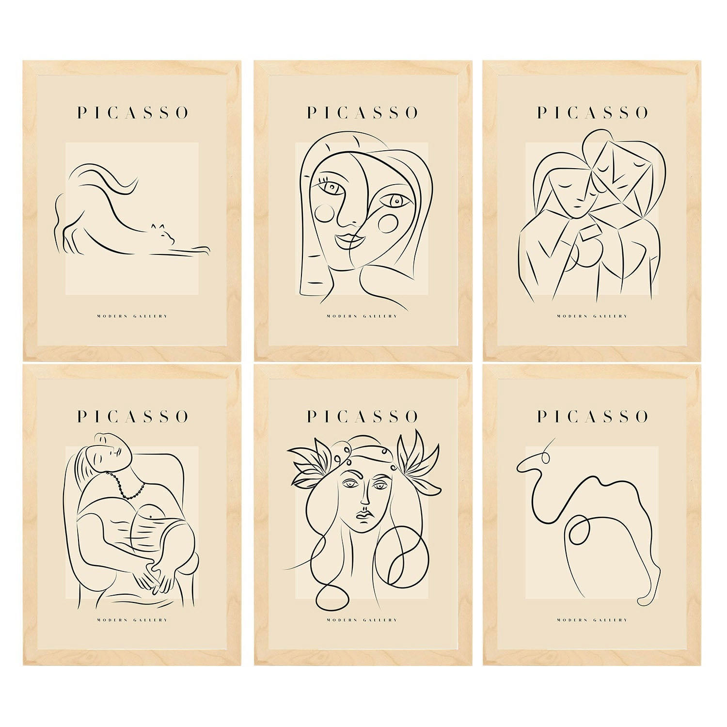 POSTER Set Mit 6 Illustrationen Von Pablo Picasso Weiblich A3 Rahmen Aus Hellem Holz - Beige, Papier (29/3cm) - Nacnic