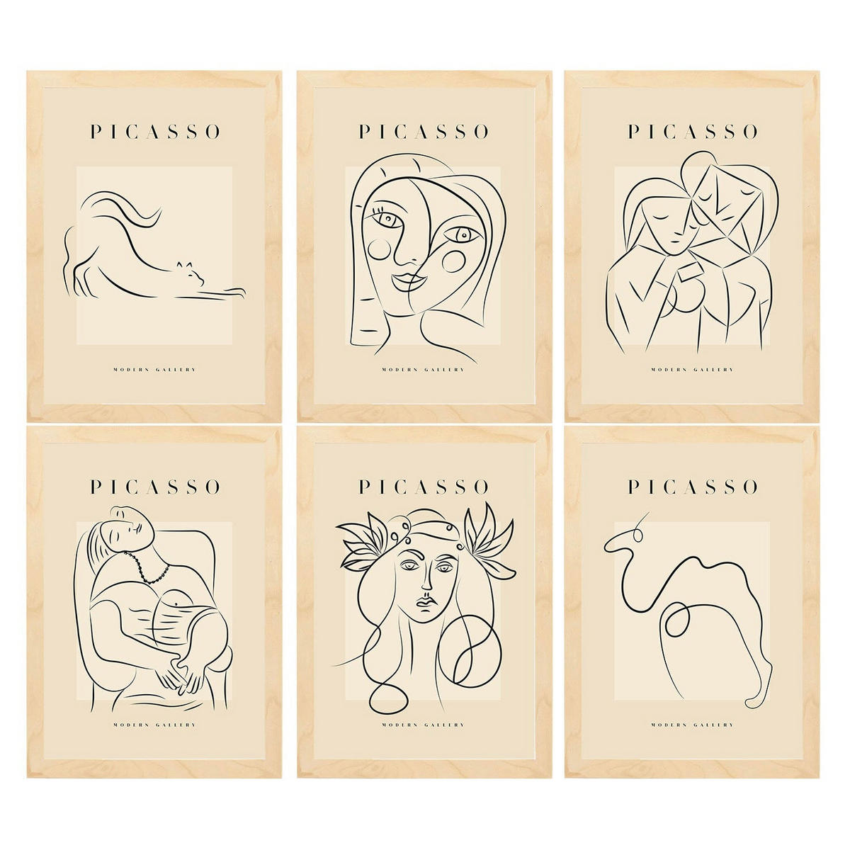 POSTER Set Mit 6 Illustrationen Von Pablo Picasso Weiblich A3 Rahmen Aus Hellem Holz - Beige, Papier (29/3cm) - Nacnic