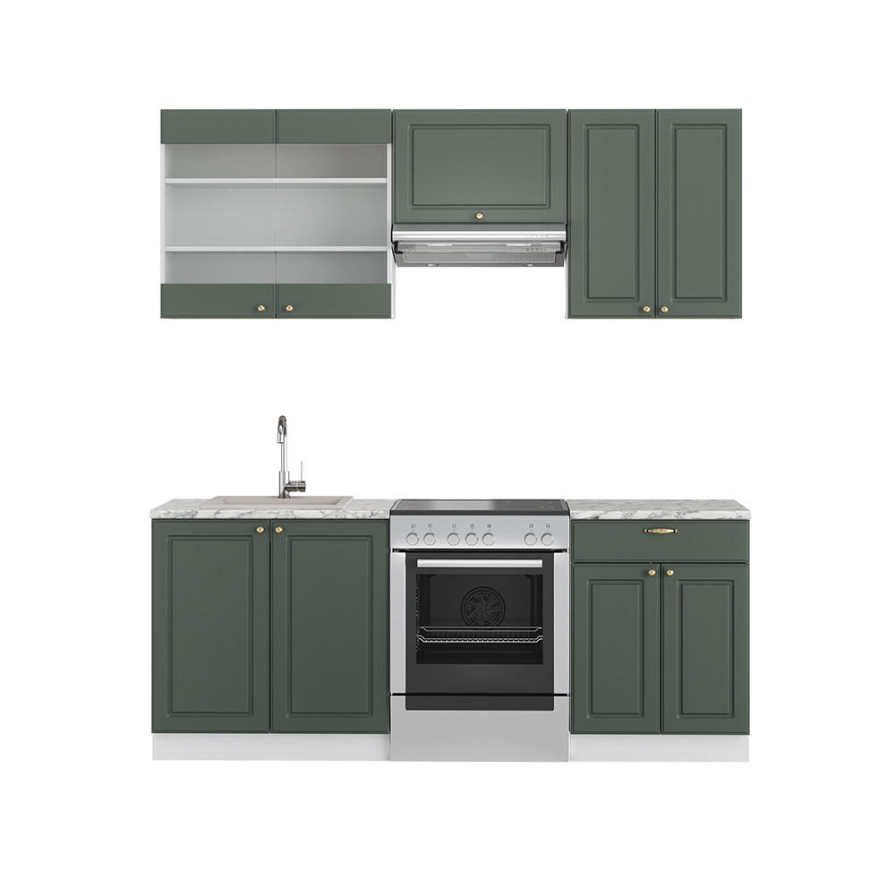 KÜCHENZEILE Fame-Line Grün-Gold Landhaus/Weiß 200 cm, AP Marmor - Weiß/Grün, Holzwerkstoff (200/81.6/60cm) - Vicco